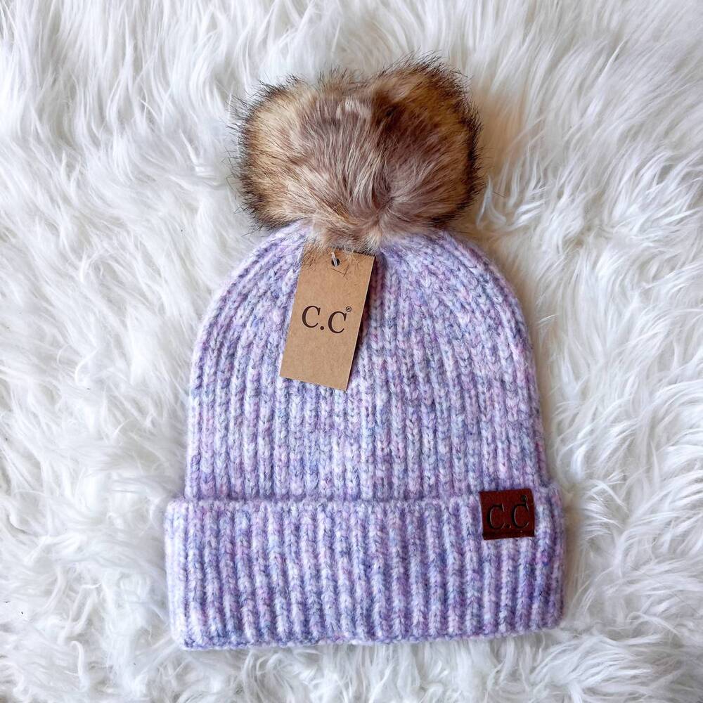 NEW CC BEANIES women's soft ribbed fur pom beanie in lavender